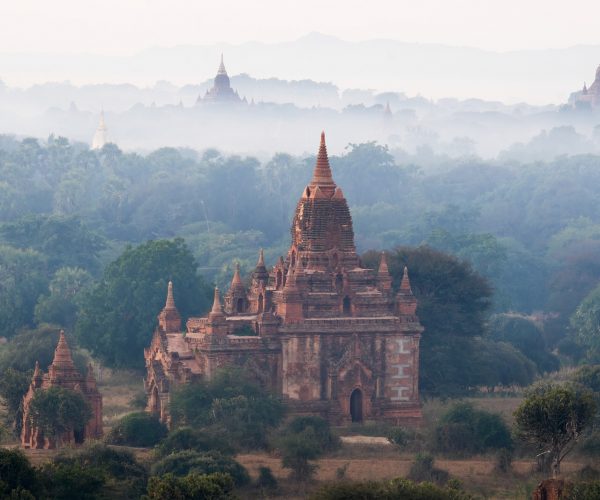 Ancient Buddhist Temples of Bagan Kingdom at sunrise. Myanmar (B
