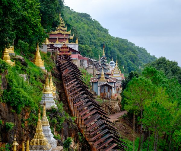 Buddhist pagodas and temple at entrance to Pindaya Caves, Myanmar (Burma)