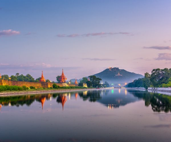Mandalay, Myanmar at Mandalay Hill and the palace moat.