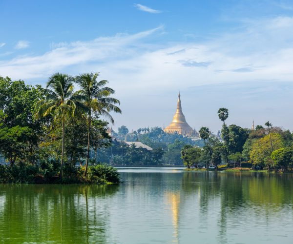 Travel Myanmar tourism background - view of  Shwedagon Pagoda over Kandawgyi Lake in Yangon, Burma Myanmar
