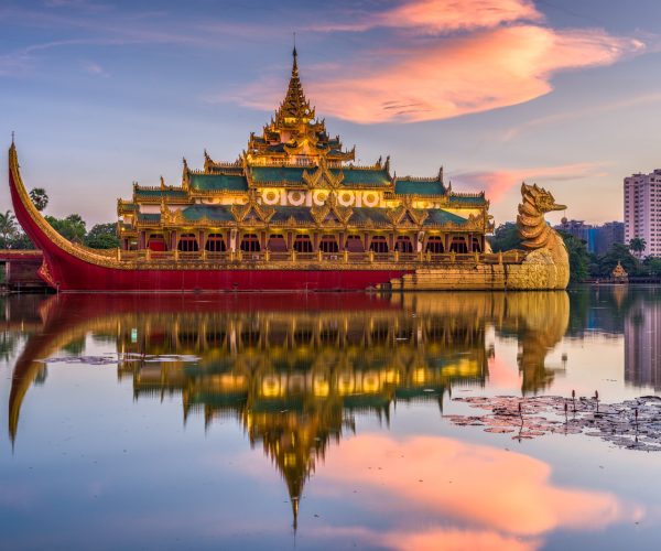 Yangon, Myanmar at Karaweik Palace in Kandawgyi Royal Lake.