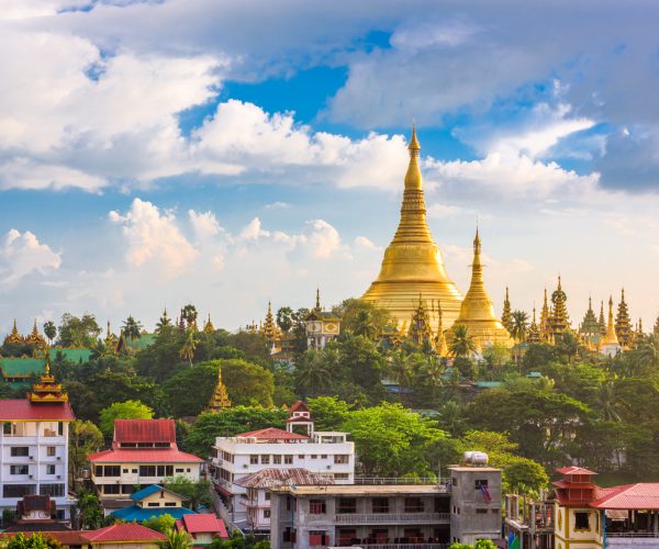Yangon, Myanmar skyline with Shwedagon Pagoda.